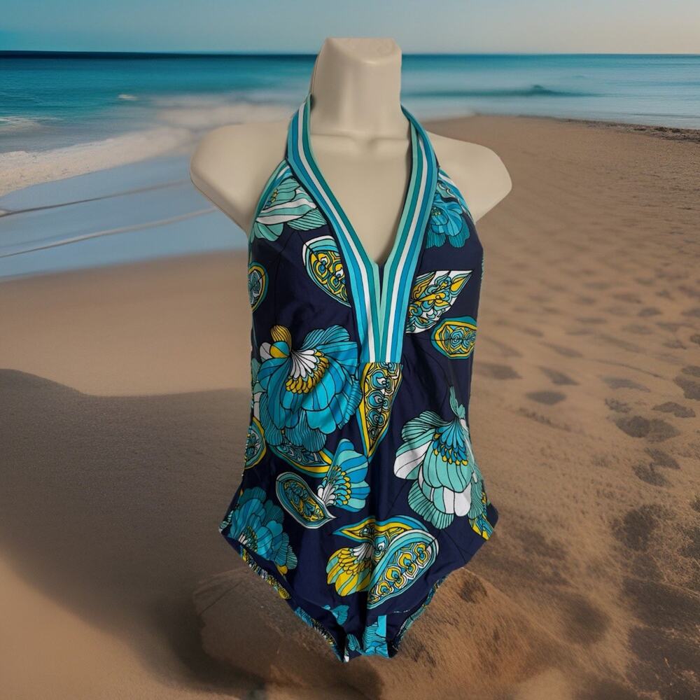 Trina Turk Sz 12 NWT Plunge Maillot Tropical Halter One Piece Swimsuit